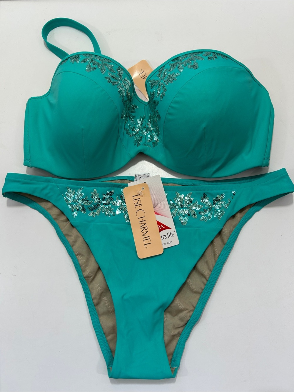 Lise Charmel Teal Sequin Accent Top(34E) and Bottom(M) Swim Set NWT